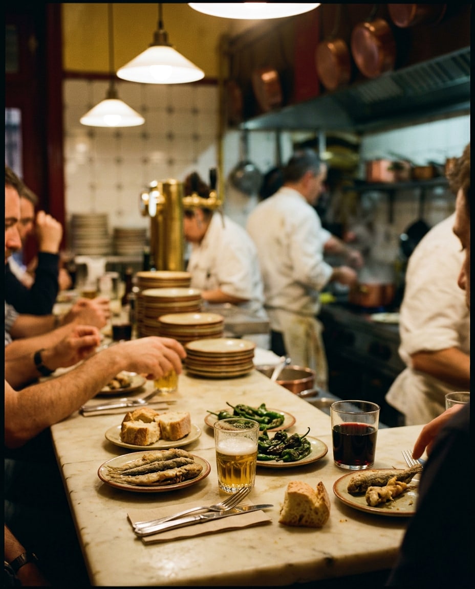 A crowded counter at lunchtime seen from a stool: small plates of food, glasses of beer and wine, and the cooks working behind.