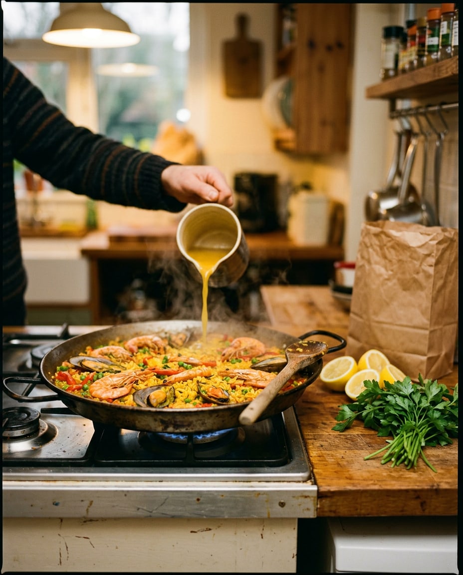 A wide pan of rice and seafood simmering on a home stove, a wooden spoon resting on its edge and lemons on the counter beside it.