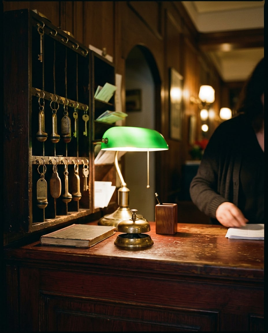 The reception desk of a small old hotel at dusk, brass room keys hanging on a wooden board behind and a brass bell on the desk under a lamp.