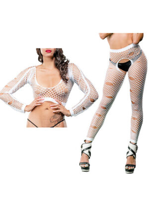 Beverly Hills Naughty Girl Crotchless Mixed Hole Leggings White O/S