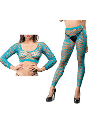 Beverly Hills Naughty Girl Crotchless Front Mesh & Side Design Leggings Turquoise O/S