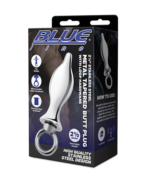 Blue Line 2.5″ Stainless Steel Metal Tapered Butt Plug With Loop Hardware