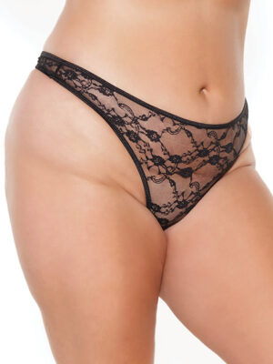 Stretch Lace High Leg Thong Black OS/XL