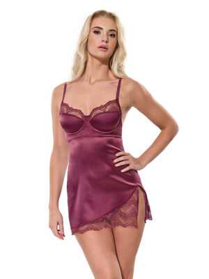 Scallop Lace Trimmed Stretch Satin Chemise w/Underwire Cups - Mauve Plum MD