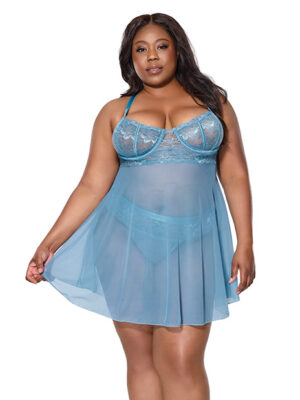 Floral Lace and Mesh Babydoll w/Underwire Cups & High-Waist Thong 2 pc Set - Blue 3X/4X