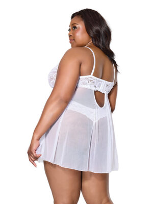 Scallop Stretch Lace & Mesh Babydoll w/Thong - White 1X/2X