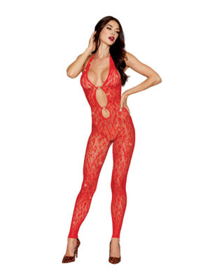 Leopard Pattern Seamless Bodystocking w/Gold Details - Red O/S