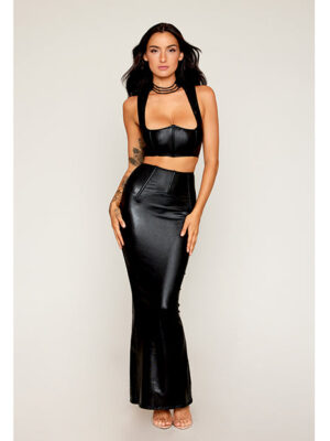 Stretch Faux Leather Harness Bra & Long Slip Skirt - Black LG