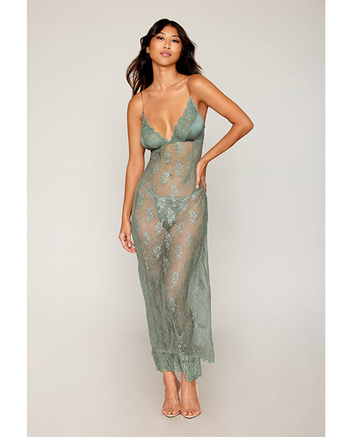 Eyelash Lace & Satin Long Chemise w/G-String - Sage Green XL - Image 3