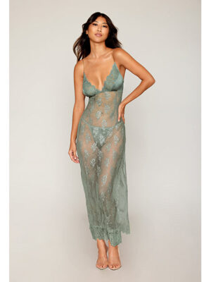 Eyelash Lace & Satin Long Chemise w/G-String - Sage Green XL