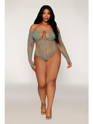Long Sleeve Opaque and Fishnet Seamless Teddy w/Removable Halter Chain - Sage Green QN