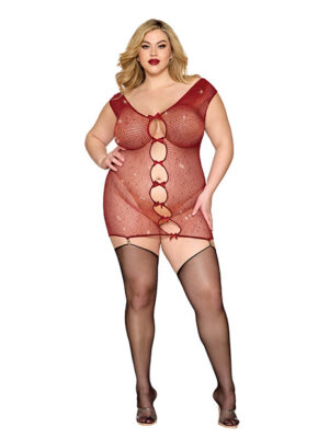 Seamless Chemise w/Rhinestone Accents & Mini Suspender Clips - Ox Blood QN