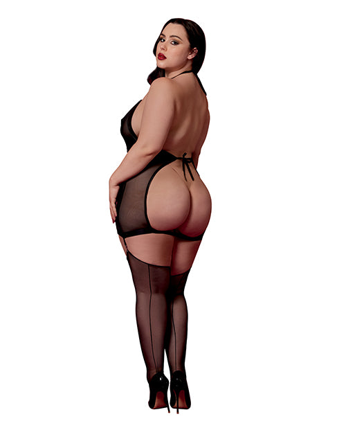 Stretch Mesh and Faux Leather Gartered Chemise w/Removable Flogger – Black QN