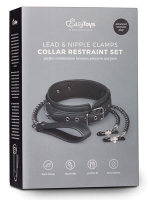 Easy Toys Faux Leather Collar w/Nipple Chains - Black
