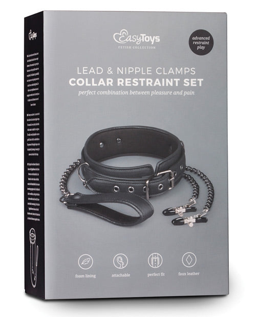 Easy Toys Faux Leather Collar w/Nipple Chains – Black