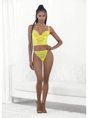Neon Lace Corset Top w/Ring Accent & Panty Neon Lime XL