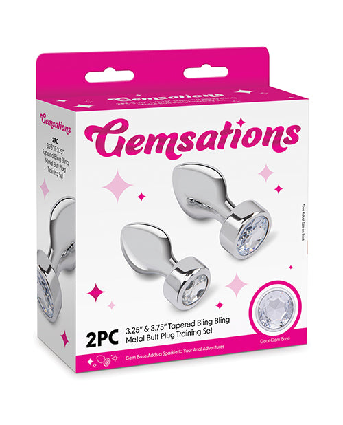 Gemsations 2 pc 3.25″ & 3.7″ Tapered Bling Bling Metal Butt Plug Training Set – Silver