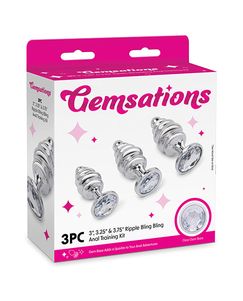 Gemsations 3 pc 2.95″ & 3.25″ & 3.7″ Ripple Bling Bling Metal Butt Plug Training Set – Silver