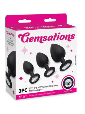 Gemsations 3 pc 2.75" & 3.15" & 3.7" Silicone Bling Bling Butt Plug Training Set - Black