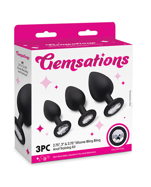 Gemsations 3 pc 2.75″ & 3.15″ & 3.7″ Silicone Bling Bling Butt Plug Training Set – Black