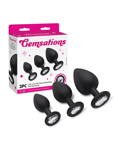 Gemsations 3 pc 2.75" & 3.15" & 3.7" Silicone Bling Bling Butt Plug Training Set - Black - Image 7