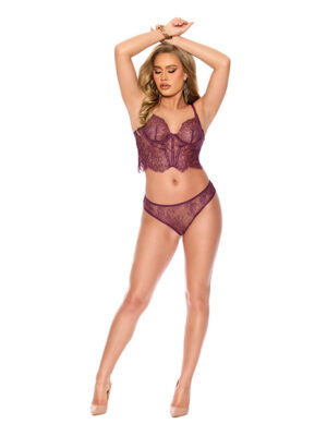 Anna Eyelash Lace Cami Top w/Thong 2 pc Set - Merlot LG