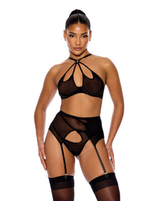 Feeling Butterflies Mesh Halterneck Bra w/Garter & Panty - Black LG