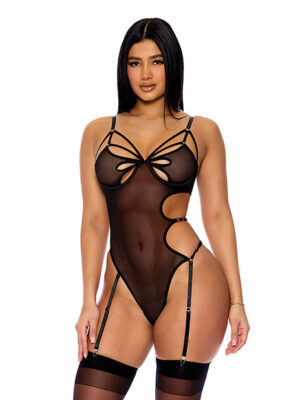 Feeling Butterflies Mesh Teddy w/Garters - Black XL
