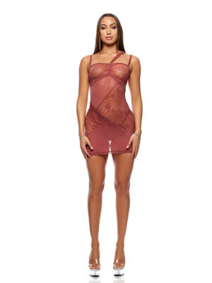 Patch of Petals Sheer Mesh and Lace Chemise w/Thong 2 pc Set - Mauve LG