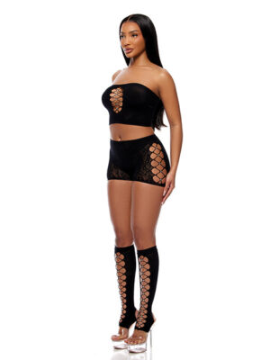 Cross Your Mind Tube Top w/Boy Short & Open Toe Socks Bodystocking - Black QN