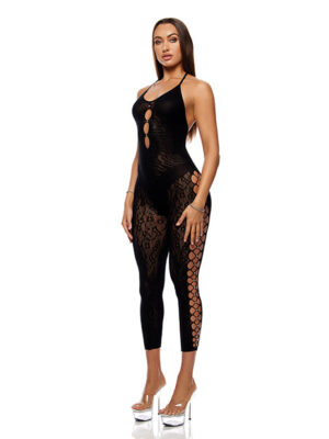 Cross Your Mind Capri Floral Knit Bodystocking w/Rhinestone Details - Black QN