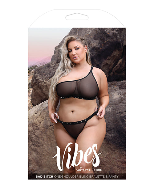 Vibes Bad Bitch One Shoulder Bling Bralette & Panty Black QN - Image 2
