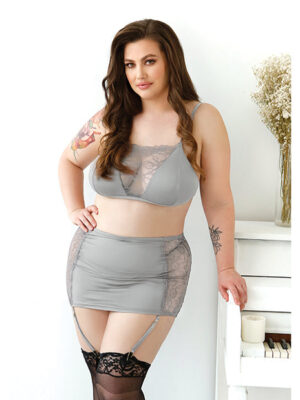 Curve Layne Lace & Microfiber Bralette w/Garter Skirt & G-String Gray1X/2X
