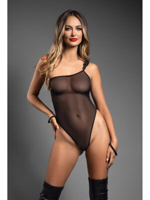 Domina One-Shoulder Sheer Mesh Teddy w/Rope Cuffs - Black L/XL