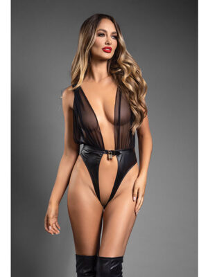 Domina Plunge Front Sheer Mesh & Vegan Leather Teddy w/Lock & Key - Black M/L