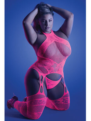 Glow Captivating Halter Bodystocking & G-String Neon Pink QN