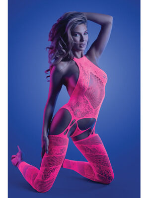Glow Captivating Halter Bodystocking & G-String Neon Pink O/S