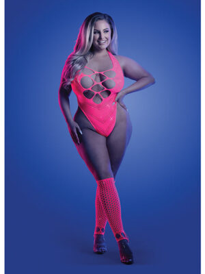 Glow Flashback Black Light Reactive Rhinestone Teddy w/Gloves (or Leg Warmers) - Neon Pink QN