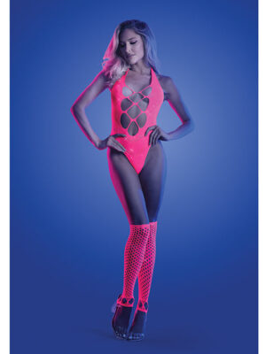 Glow Flashback Black Light Reactive Rhinestone Teddy w/Gloves (or Leg Warmers) - Neon Pink O/S