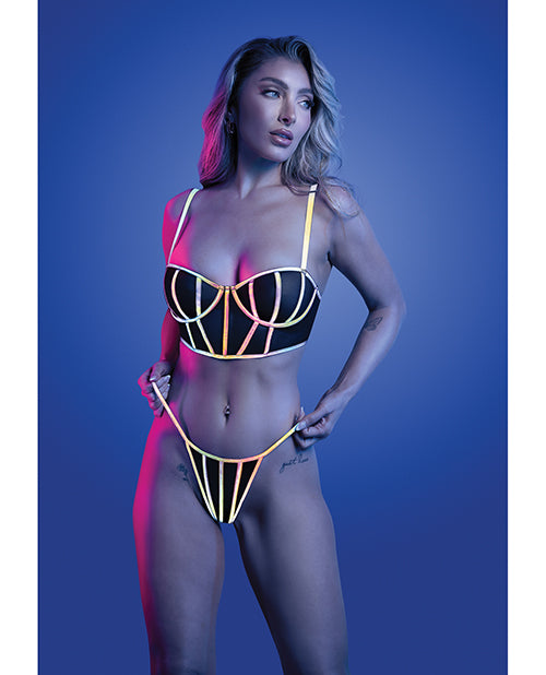 Solar Flare Flash Reflective Binding Underwire Bra & Thong – Black S/M