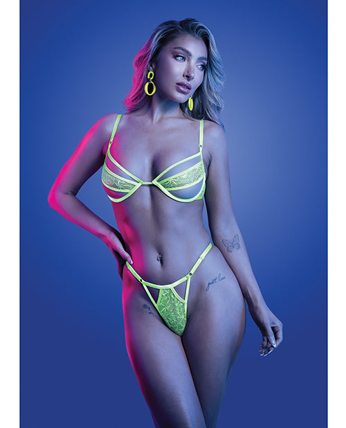Mind Control UV Reactive Lace and Mesh Underwire Bra & Thong – Neon Green L/XL