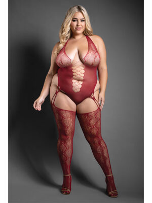 Sheer Pretty Poison Snakeskin Pattern Halter Bodystocking - Burgundy QN