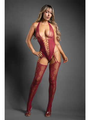 Sheer Pretty Poison Snakeskin Pattern Halter Bodystocking - Burgundy O/S