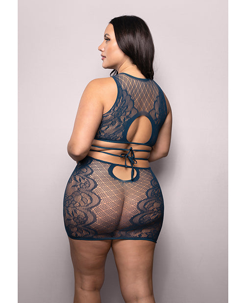 Vixen Floral Lace Knit Tie Back Top w/Skirt 2 pc Set – Navy QN