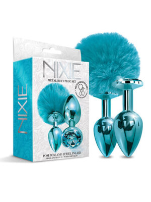 Nixie Metal Butt Plug Set w/Jewel Inlaid & Pom Pom - Blue Metallic