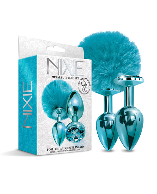 Nixie Metal Butt Plug Set w/Jewel Inlaid & Pom Pom – Blue Metallic