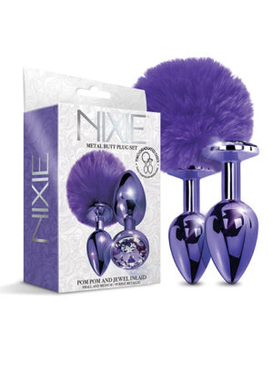 Nixie Metal Butt Plug Set w/Jewel Inlaid & Pom Pom - Purple Metallic