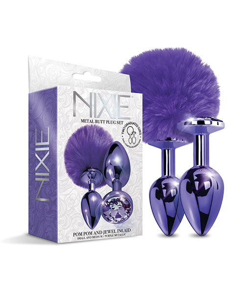 Nixie Metal Butt Plug Set w/Jewel Inlaid & Pom Pom – Purple Metallic