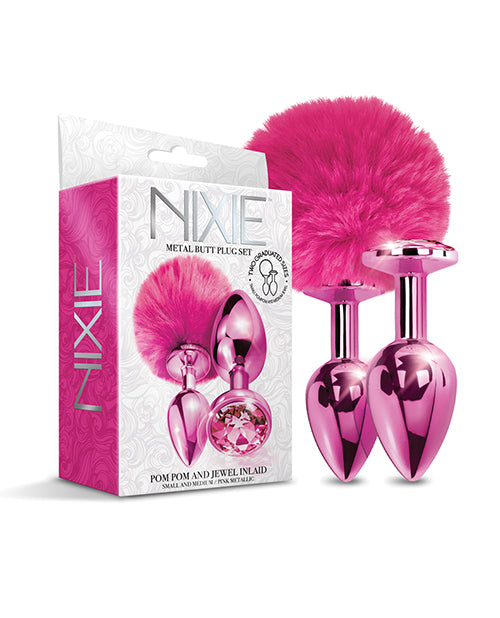 Nixie Metal Butt Plug Set w/Jewel Inlaid & Pom Pom – Pink Metallic