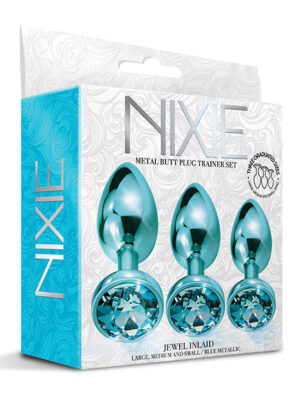Nixie Metal Butt Plug Trainer Set w/Inlaid Jewel - Blue Metallic